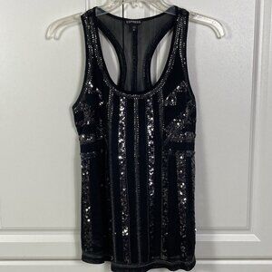 Express Womens Size XS Black Sequinned Striped Racerback Tank Top Party Club